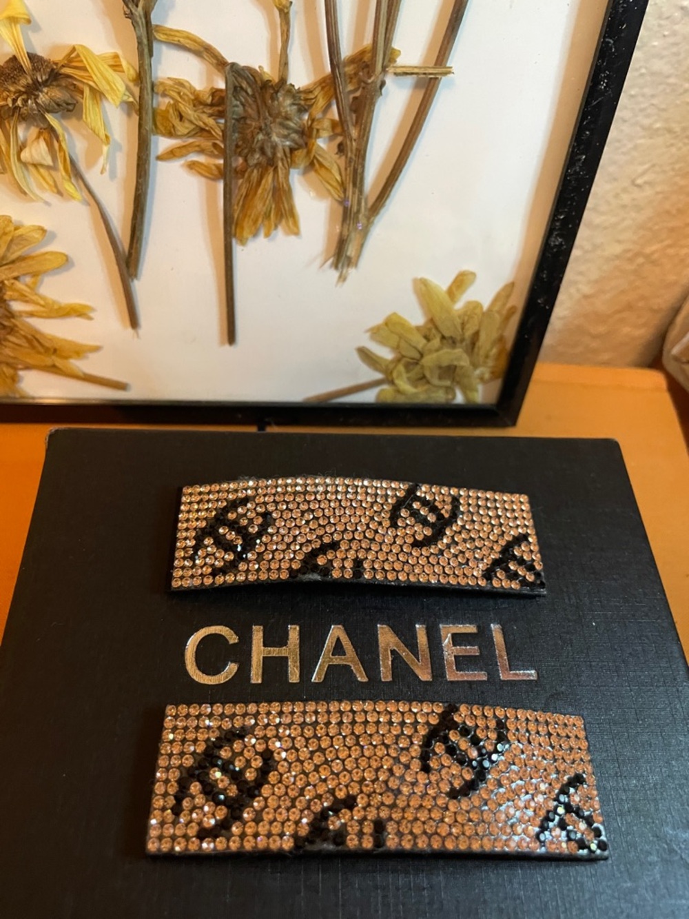 Champagne/Gold & Black Crystal Logo Hair Clips. Closet clearout no returns.